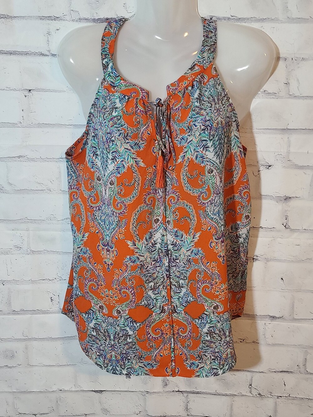 Rose + Olive Orange Blue Paisley Sleeveless Tank Tassel Tie Neck M